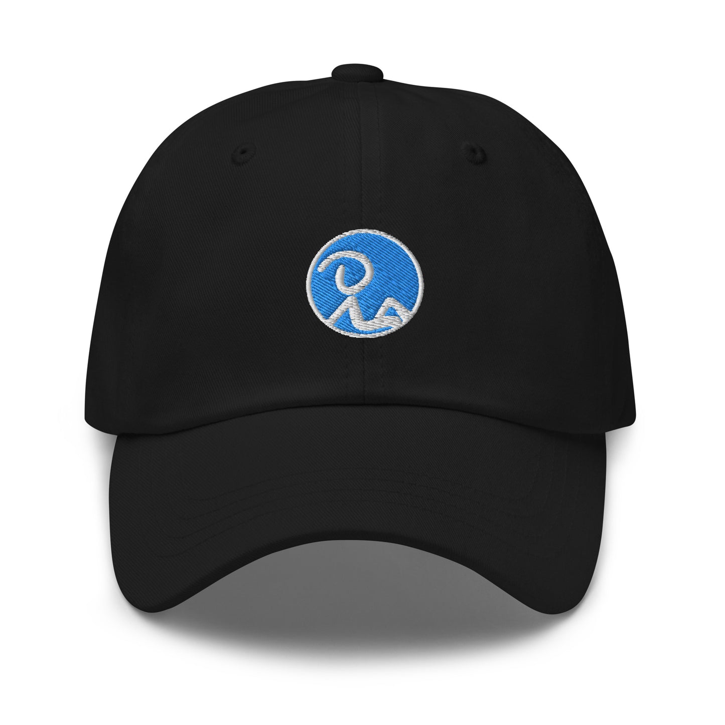 Classic dad hat in black. Recluse Rags logo without text in blue on front.
