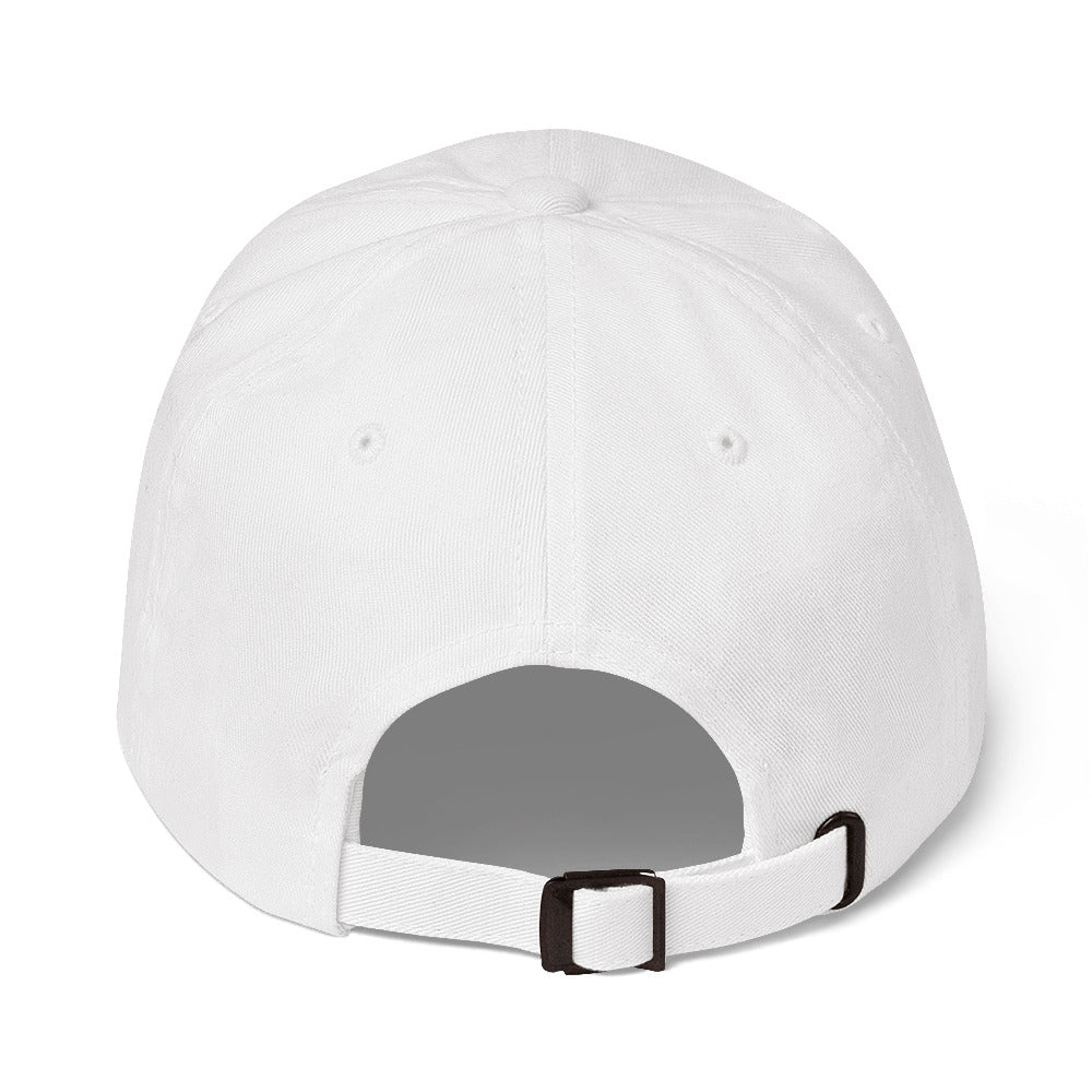 Classic dad hat in white. Undecorated back with adjustable strap.
