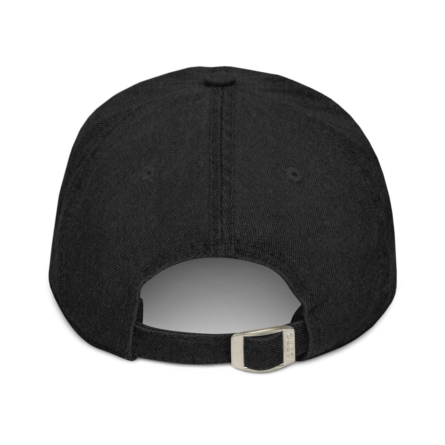 Black Stay 'luse denim hat. Adjustable strap shown on back of hat.
