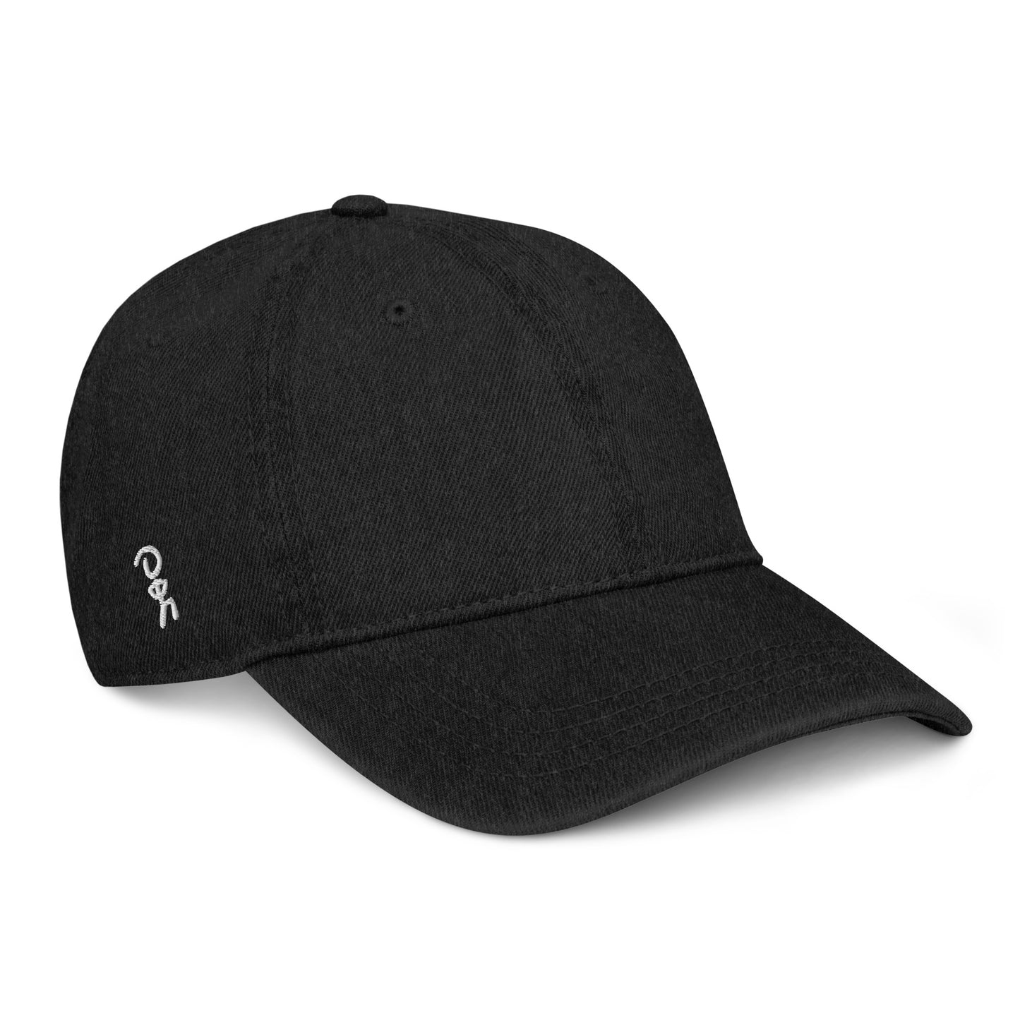 Black Stay 'luse denim hat. Jaunty man shown embroidered in white on right side of hat.