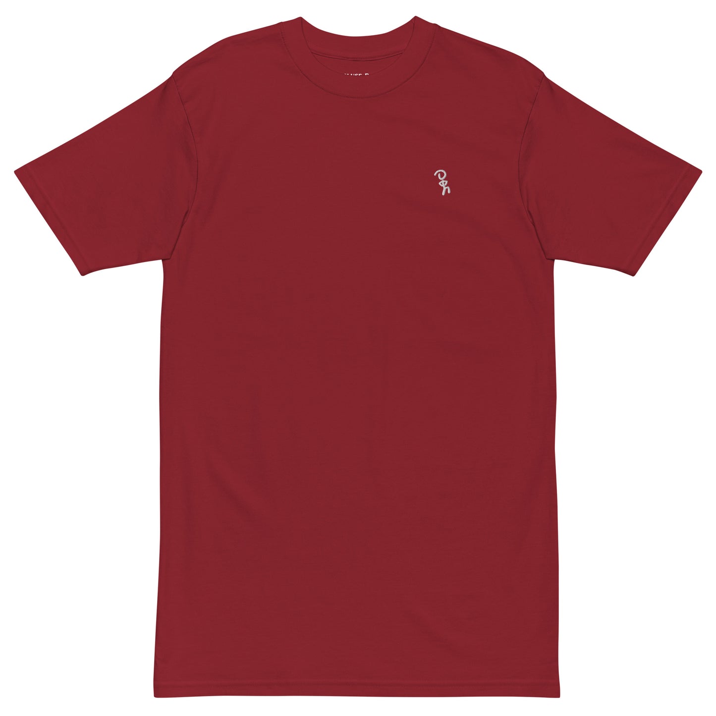 White embroidered Jaunty Man on premium brick red t-shirt.