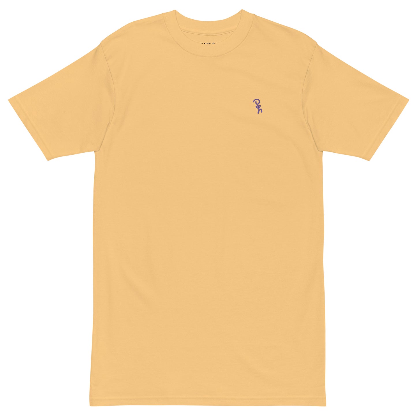 Purple embroidered Jaunty Man on premium vintage gold t-shirt.