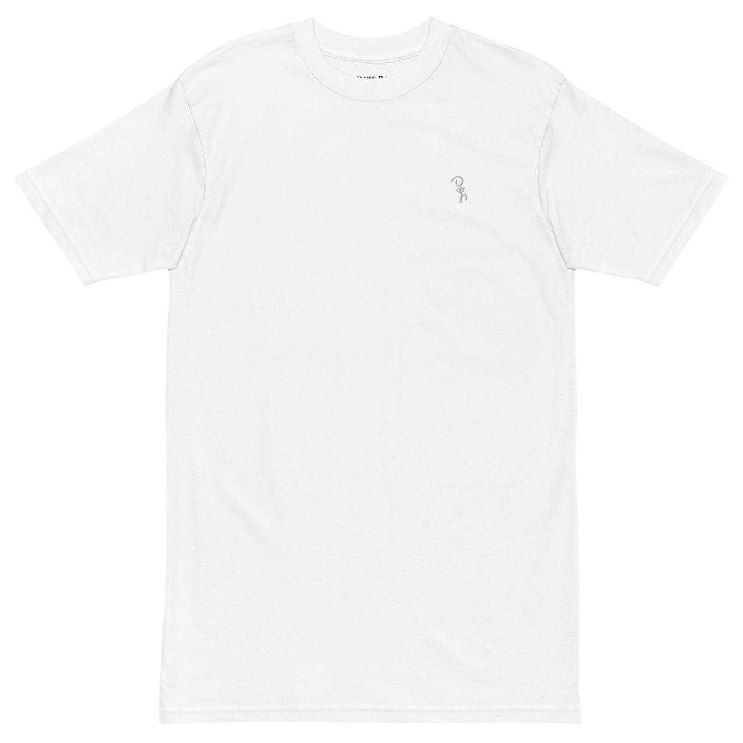 White embroidered Jaunty Man on premium white t-shirt.