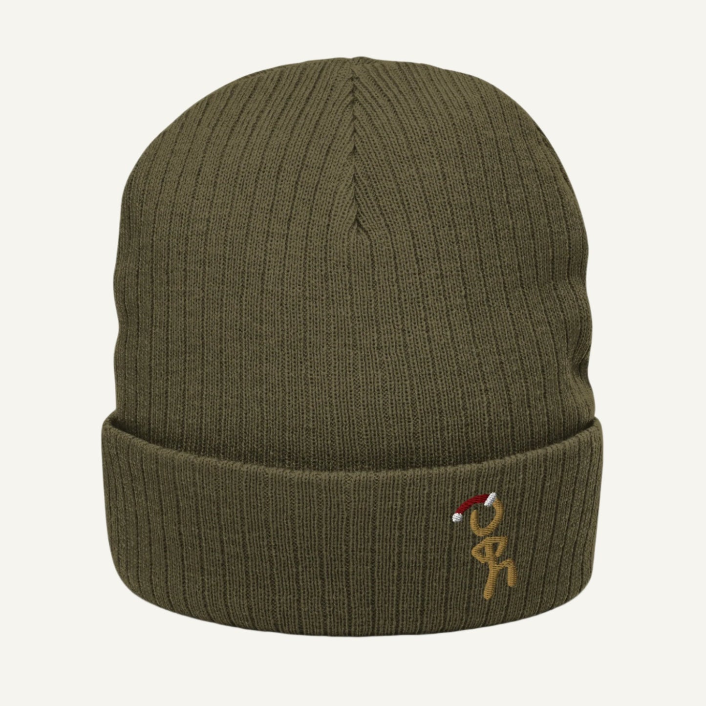 Olive knit beanie with gold embroidered Jaunty Man in Santa Hat.