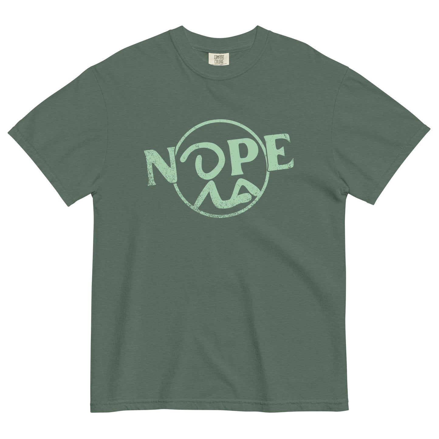 A blue spruce short sleeve t-shirt laid flat. Slanted Nope design featuring Recluse Rags logo with the head of the stick figure representing the O in NOPE.