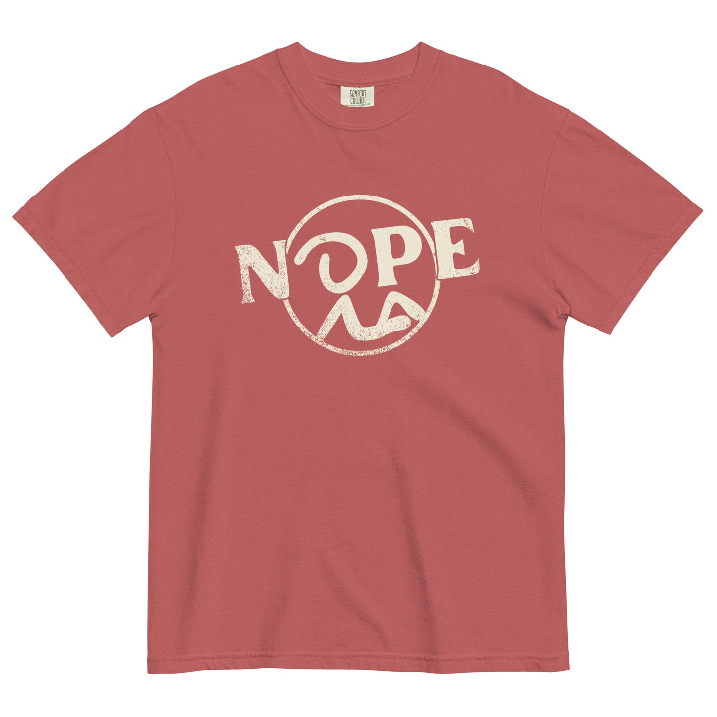 A red short sleeve t-shirt laid flat. Slanted Nope design featuring Recluse Rags logo with the head of the stick figure representing the O in NOPE.