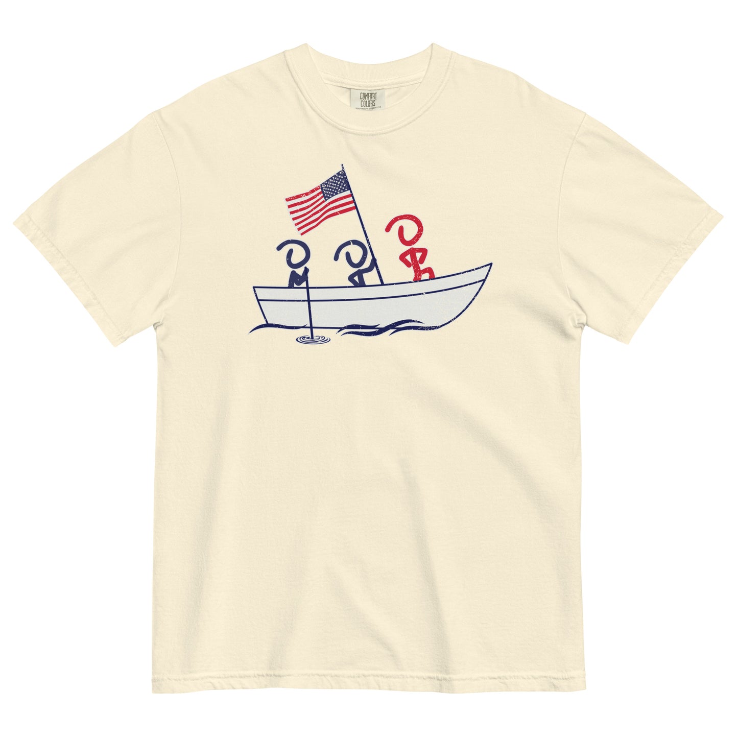 An ivory short sleeve t-shirt laid flat. Front graphic shows three Jaunty Men in a simple boat carrying an American flag, similar to George Washington crossing the Delaware.