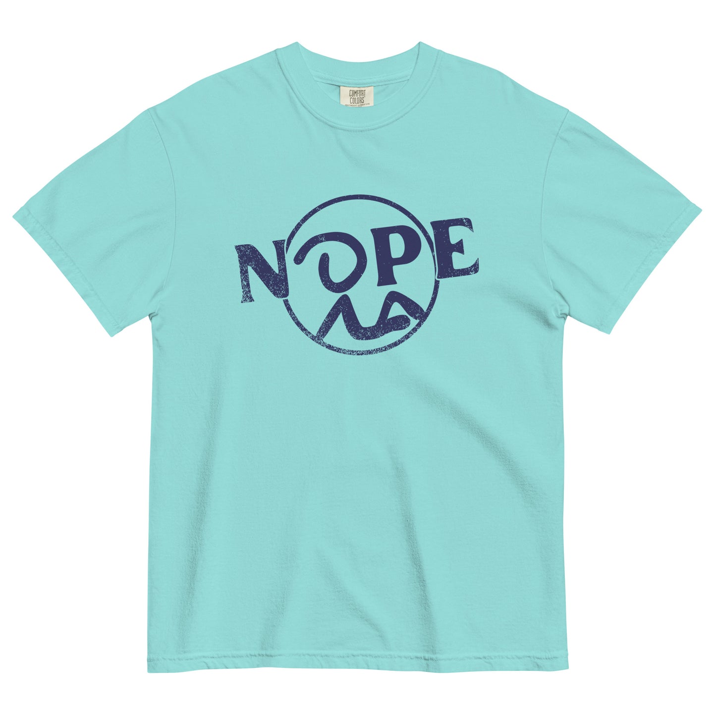 A cyan short sleeve t-shirt laid flat. Slanted Nope design featuring Recluse Rags logo with the head of the stick figure representing the O in NOPE.