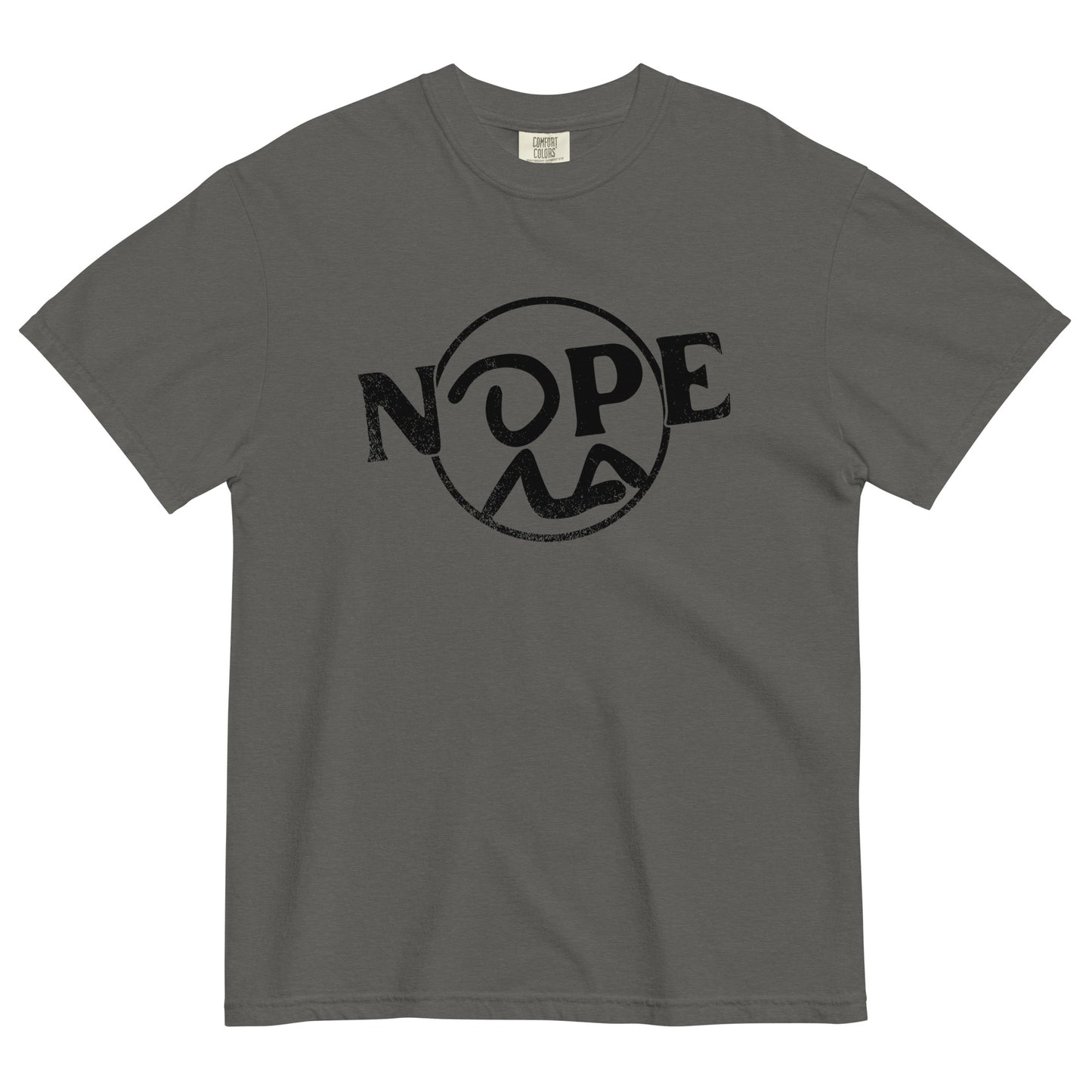 A dark gray short sleeve t-shirt laid flat. Slanted Nope design featuring Recluse Rags logo with the head of the stick figure representing the O in NOPE.