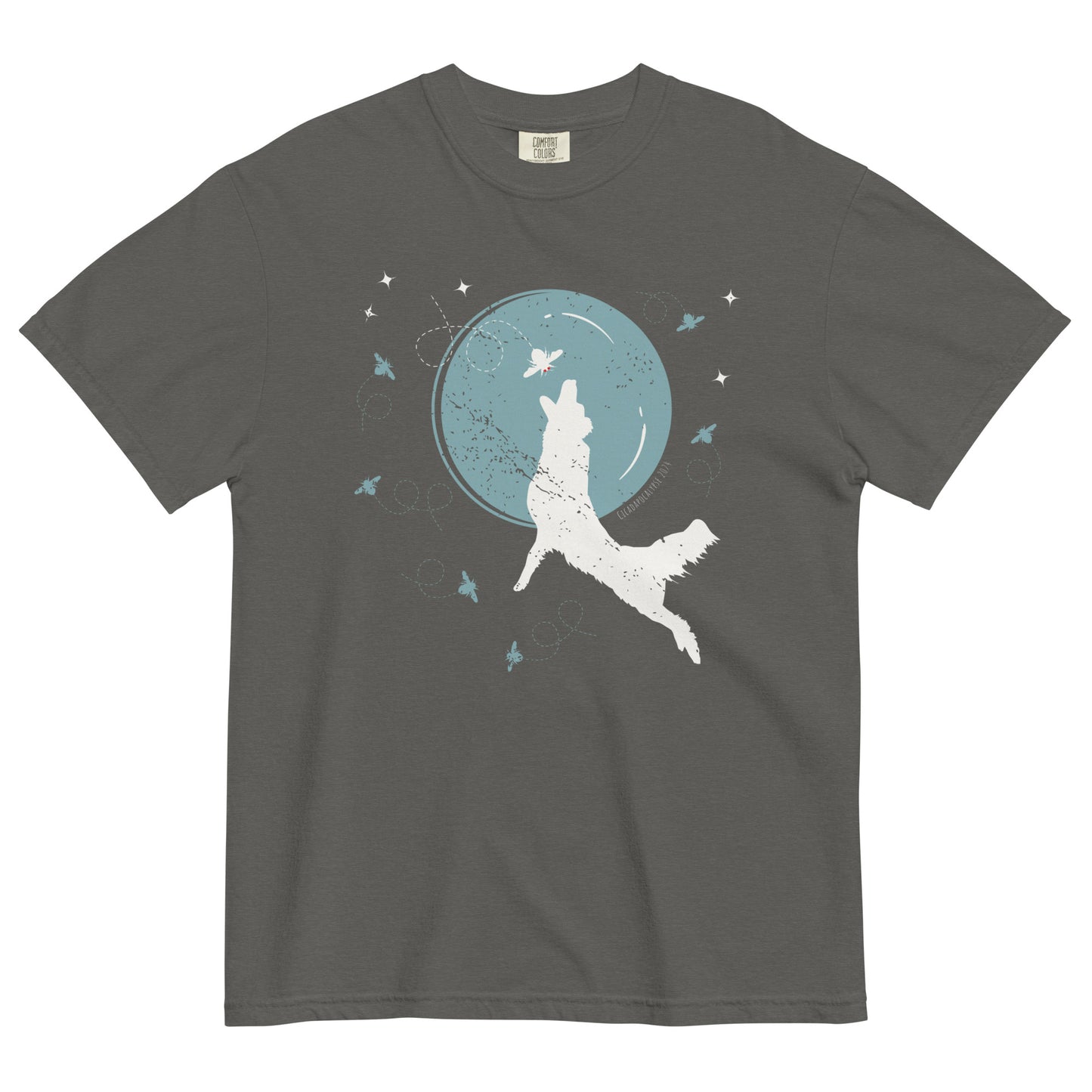 A dark gray short sleeved t-shirt laid flat. Front graphic features a silhouette of a dog jumping in front of a large, simplified moon to catch a cicada, while other cicadas flutter around the perimeter.