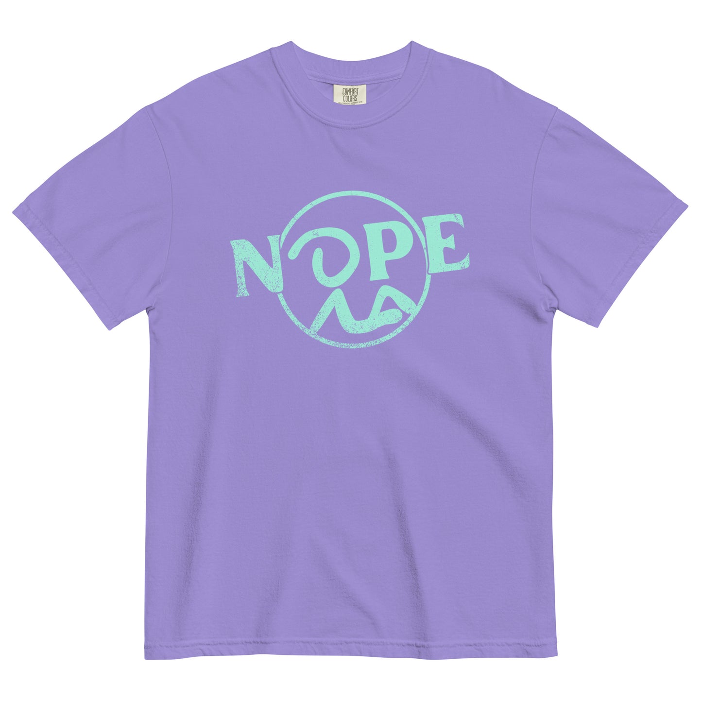 A violet short sleeve t-shirt laid flat. Slanted Nope design featuring Recluse Rags logo with the head of the stick figure representing the O in NOPE.
