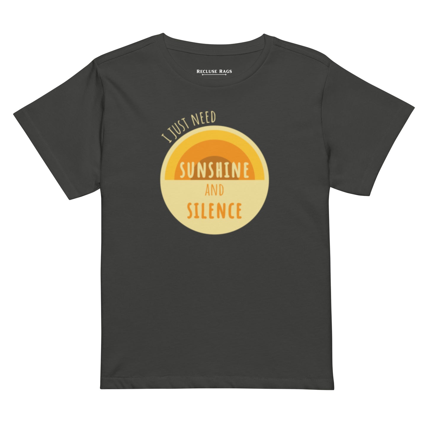 Front of women's vintage black premium high-waisted t-shirt. "I just need sunshine and silence" written atop a light yellow circle with a semi-circular sun design.
