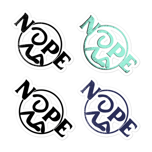 Kiss-cut stickers with four Recluse Rags "Nope" logo designs.