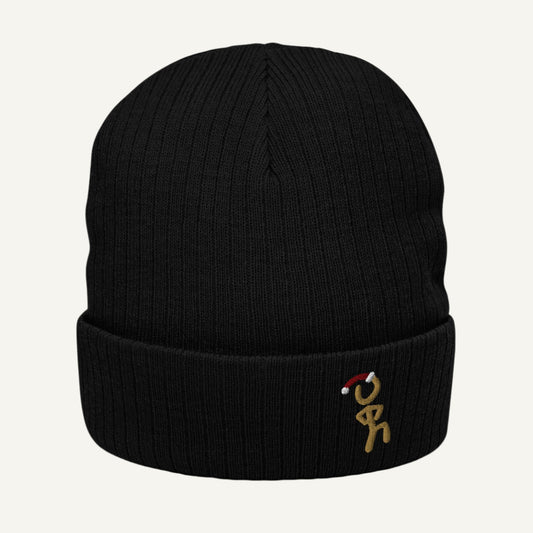 Black knit beanie with gold embroidered Jaunty Man in Santa Hat.