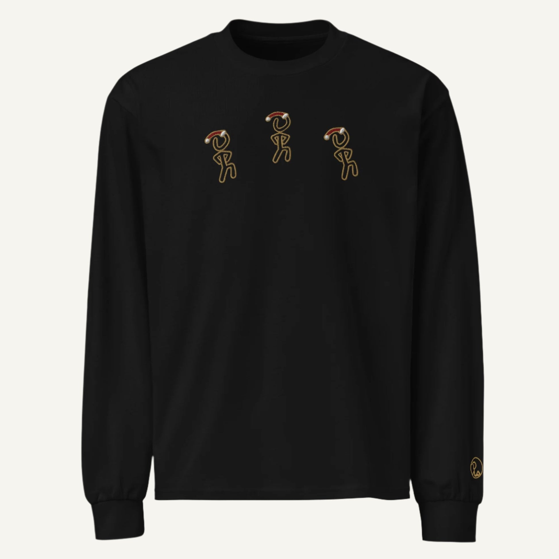 Black ultra-heavy shirt with three Jaunty Man stick figures wearing Santa hats.