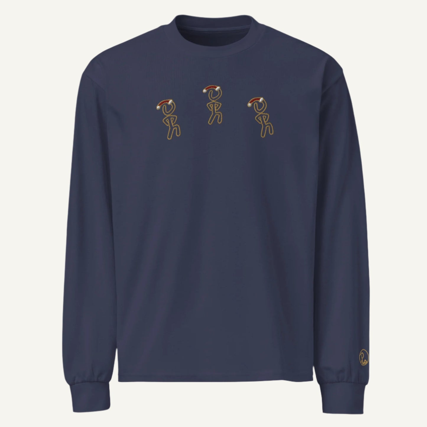 Midnight blue ultra-heavy shirt with 3 Jaunty Man stick figures wearing Santa hats.