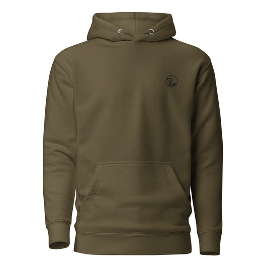 Military Green hoodie with black Recluse Rags logo without text embroidered on left chest.