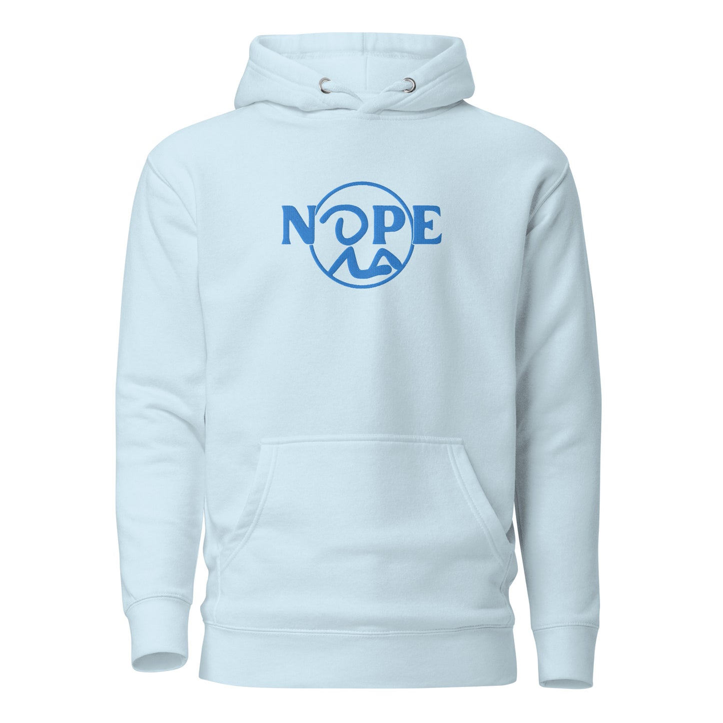 Sky blue hoodie with blue large center Recluse Rags Nope logo embroidered on front chest.