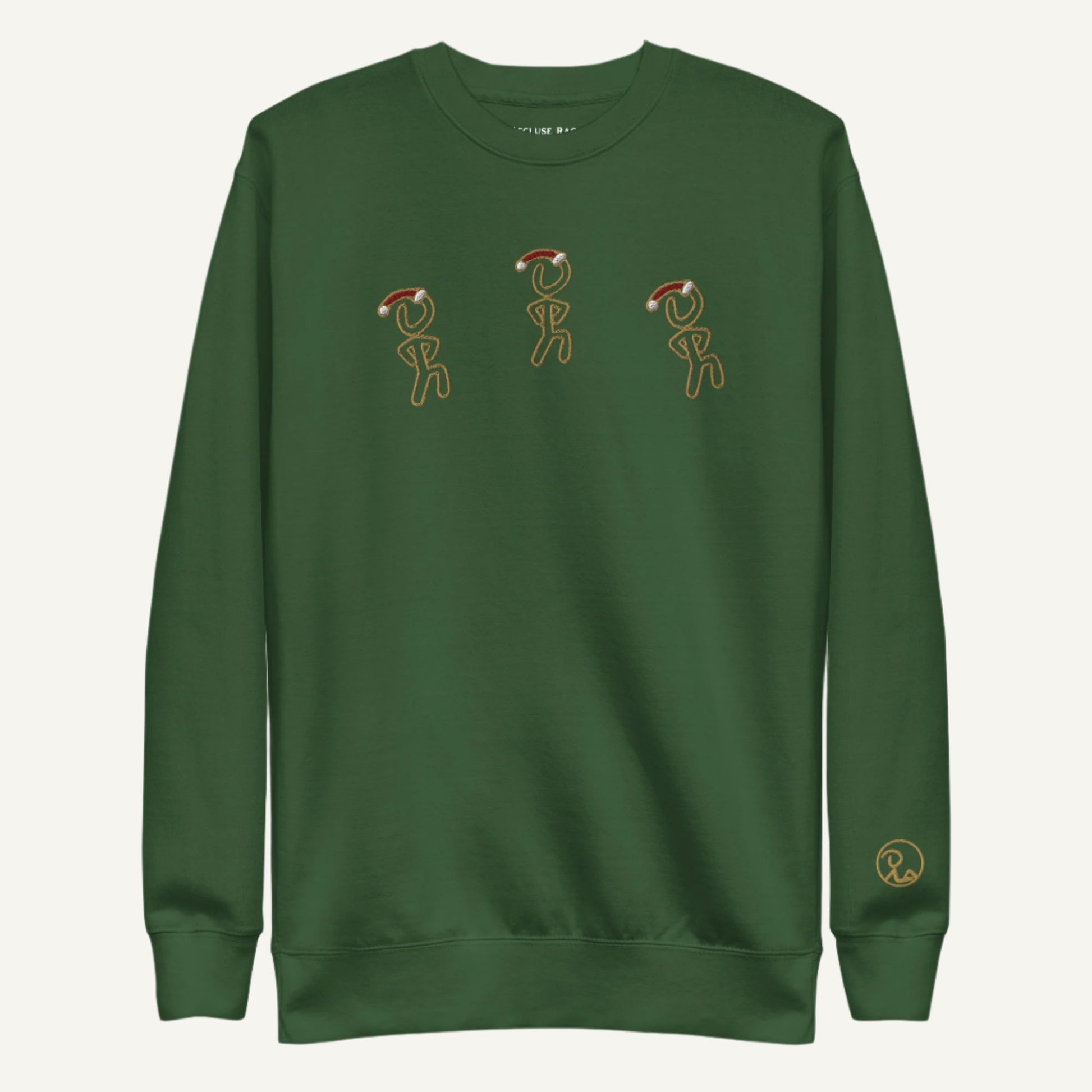 Front view of sweatshirt featuring Christmas-themed Jaunty Man figure in a Santa hat.