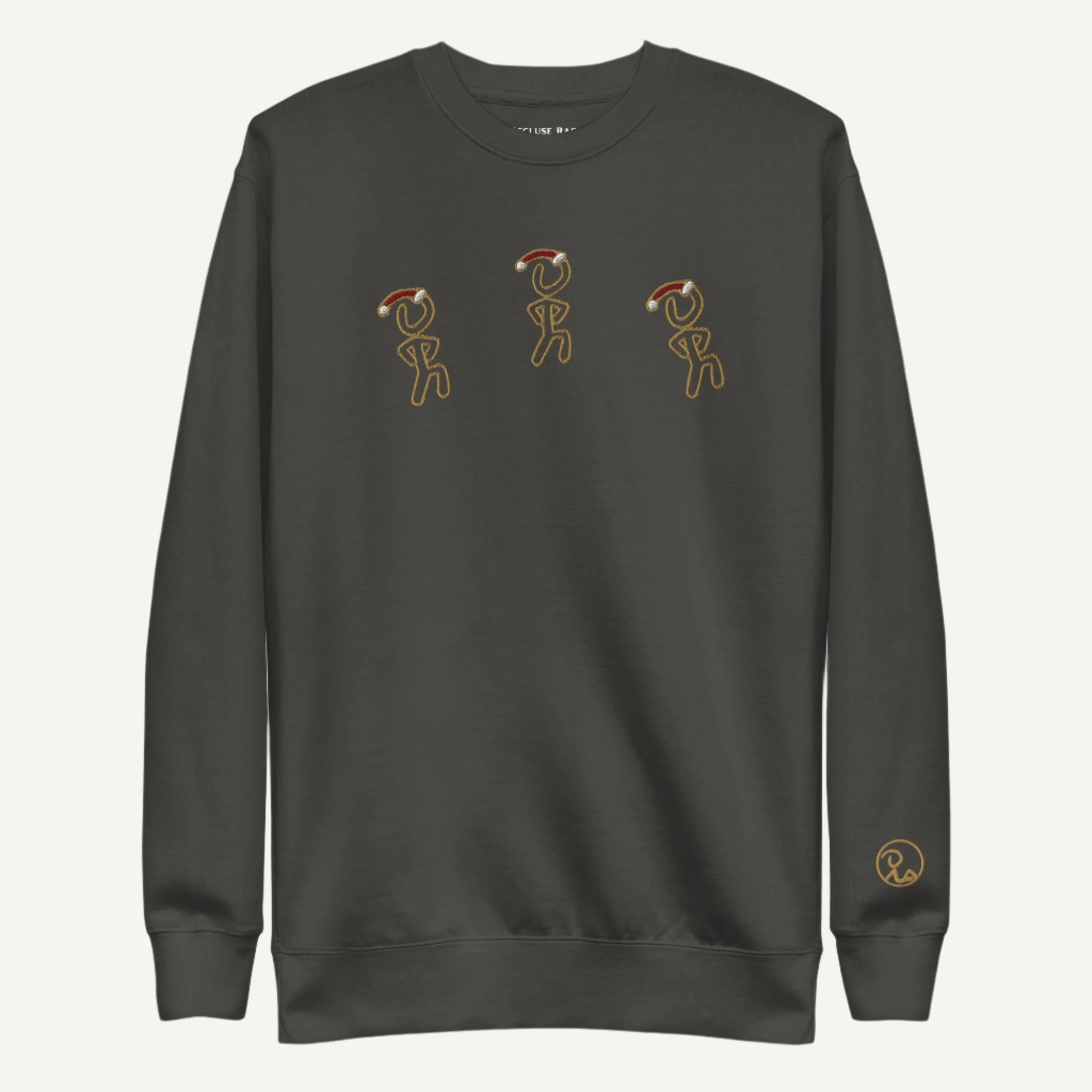 Front view of sweatshirt featuring Christmas-themed Jaunty Man figure in a Santa hat.