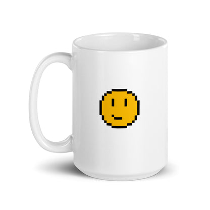 15oz white mug with half-smiling pixelated smiley shown on first side.