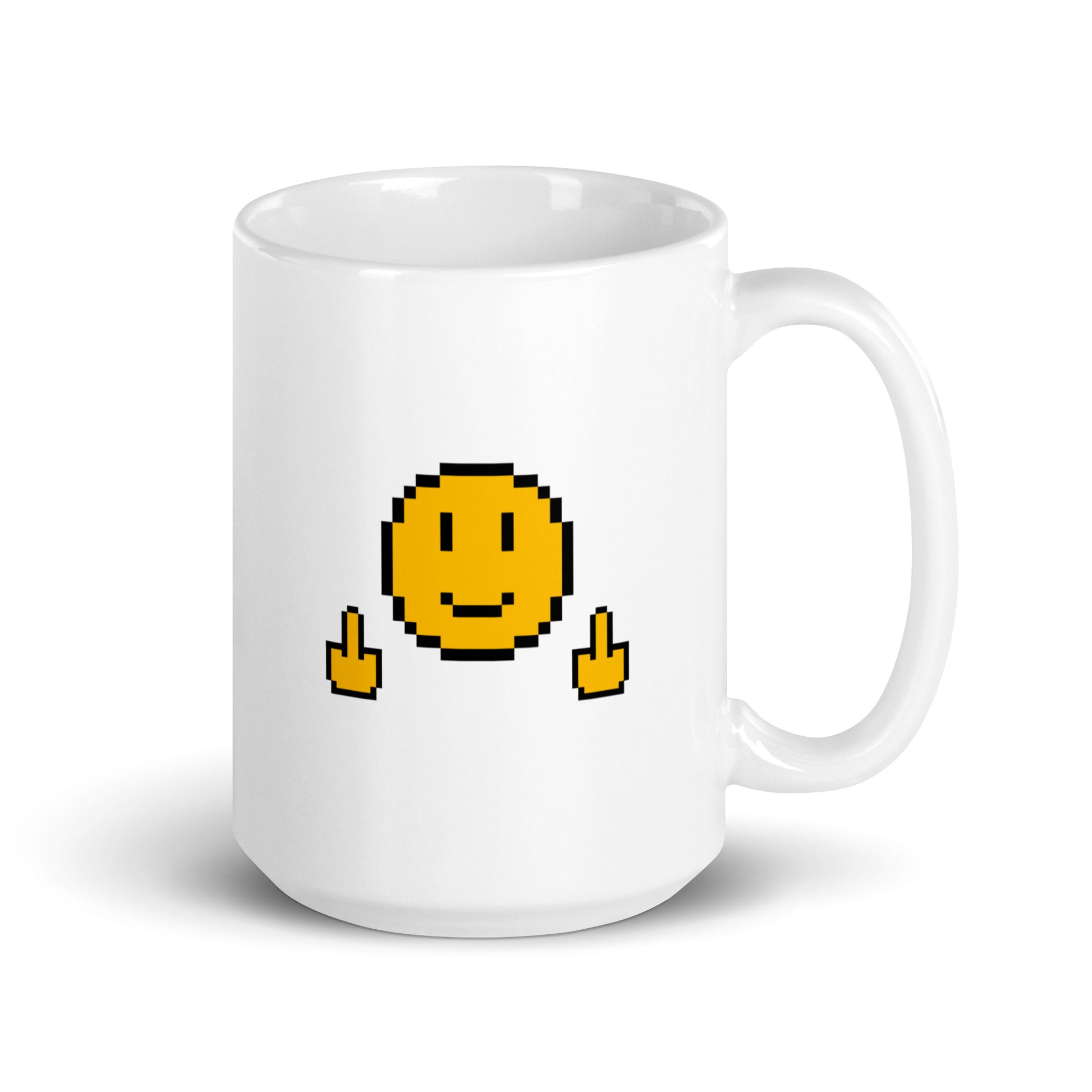 15oz white mug with smiling pixelated smiley holding up 2 pixelated middle fingers shown on second side.