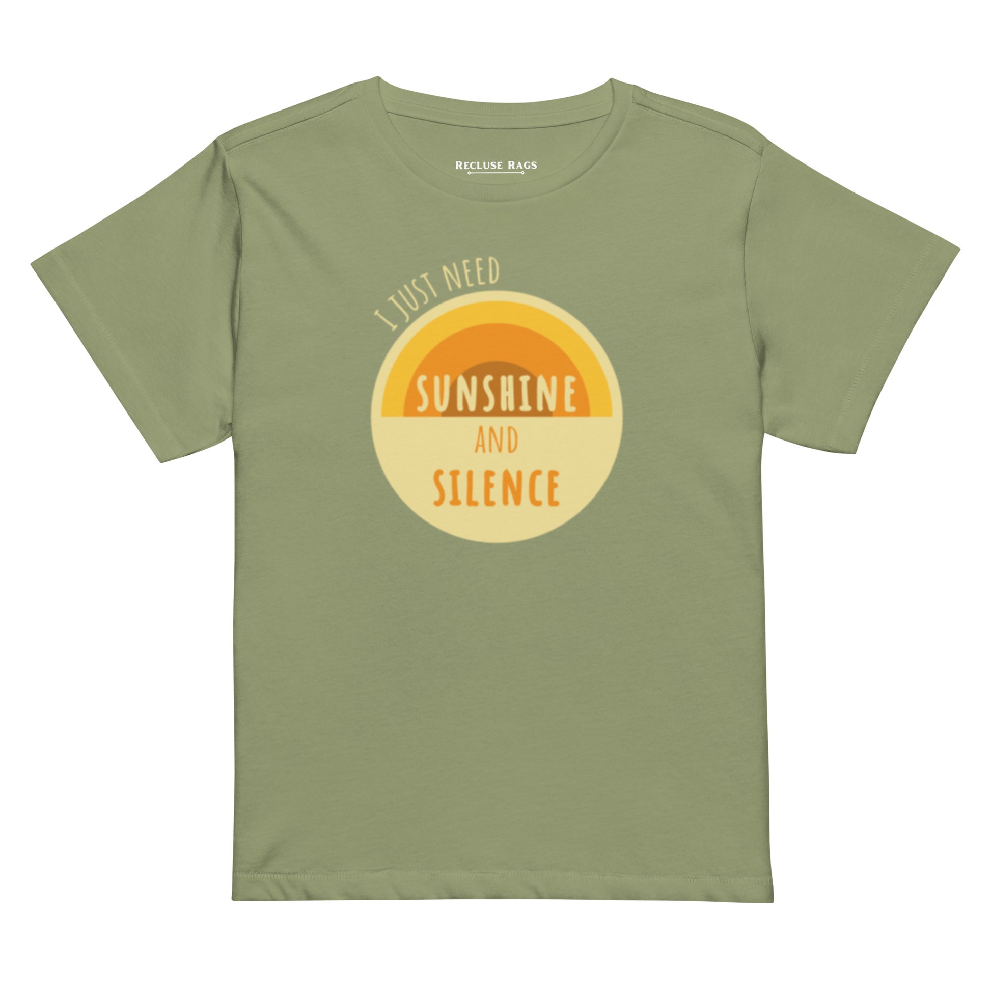 Front of women's artichoke premium high-waisted t-shirt. "I just need sunshine and silence" written atop a light yellow circle with a semi-circular sun design.