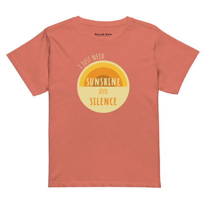 Front of women's red sorbet premium high-waisted t-shirt. "I just need sunshine and silence" written atop a light yellow circle with a semi-circular sun design.